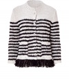 Luxe cardigan in fine, knit cotton and linen blend - On-trend, black and white stripe motif - Button down style with round collar and two front pockets - Long sleeves crop at wrist - Gorgeous black fringe embellishment at hem - Elegant and eye-catching, a chic twist on a venerable classic - Pair with skinny jeans or a pencil skirt and ankle booties