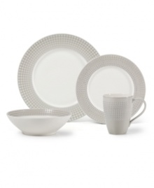 Shape up. A pattern of tiny squares gives the Mikasa Crisscross place settings a modern look and feel in resilient, everyday stoneware. Soothing gray and white tones mixing a matte and shiny finish add to its understated cool. Shape up. A pattern of tiny squares gives the Mikasa Crisscross place settings a modern look and feel in resilient, everyday stoneware. Soothing gray and white tones mixing a matte and shiny finish add to its understated cool.