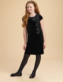 Ultra-soft stretch velvet, adorned with a ruffled taffeta appliqué.Jewel necklineShort sleevesRuffled appliquéA-line90% polyester/10% spandexMachine washImported Ultra-soft stretch velvet, adorned with a ruffled taffeta appliqué.Jewel necklineShort sleevesRuffled appliquéA-line90% polyester/10% spandexMachine washImported