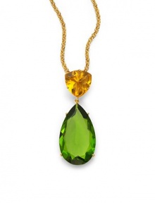 THE LOOKA bold faceted teardrop of tinted green glassHangs from a lemon-colored faceted glass trillionGolden chainLobster claspTHE FITChain length, about 22, plus 2 extenderPendant length, about 2½THE MATERIALGlass18k goldplatingORIGINImported THE LOOKA bold faceted teardrop of tinted green glassHangs from a lemon-colored faceted glass trillionGolden chainLobster claspTHE FITChain length, about 22, plus 2 extenderPendant length, about 2½THE MATERIALGlass18k goldplatingORIGINImported