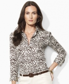 This lustrous cotton sateen Lauren by Ralph Lauren shirt is elegantly tailored with three-quarter sleeves in an earthy floral print for a hint of bohemian chic.