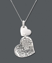 Life is learning to love freely. This inspirational double heart necklace will remind you of that every day. Bottom heart features To Love Someone quote. Necklace crafted in sterling silver. Approximate length: 18 inches. Approximate drop: 1-3/8 inches. Life is learning to love freely. This inspirational double heart necklace will remind you of that every day. Bottom heart features To Love Someone quote. Necklace crafted in sterling silver. Approximate length: 18 inches. Approximate drop: 1-3/8 inches.