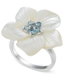 Say it with a flower. This sterling silver ring with white mother of pearl and round-cut blue topaz (1/2 ct. t.w.) expresses elegance. Size 7. Say it with a flower. This sterling silver ring with white mother of pearl and round-cut blue topaz (1/2 ct. t.w.) expresses elegance. Size 7.