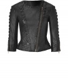 Inject an elegant edge into your rocker-chic look with Catherine Malandrinos embellished cropped leather jacket, a chic choice no matter how you pair it - Collarless neckline, 3/4 sleeves, zippered cuffs, diagonal metal front zip - Tailored silhouette, form-fitting - Wear over cocktail dresses, or dress down with a simple tee and skinny jeans