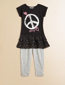 She'll fall in love with this alluring set featuring an ultra-soft tunic with peace sign, crinkle chiffon tiered hem and matching leggings. Tunic CrewneckShort cuffed sleevesPullover styleDrop waistRuffled hem Leggings Elastic waistbandAnkle snapsTunic: 95% polyester/5% spandexLeggings: 95% cotton/5% spandexMachine washImported Please note: Number of buttons may vary depending on size ordered. She'll fall in love with this alluring set featuring an ultra-soft tunic with peace sign, crinkle chiffon tiered hem and matching leggings. Tunic CrewneckShort cuffed sleevesPullover styleDrop waistRuffled hem Leggings Elastic waistbandAnkle snapsTunic: 95% polyester/5% spandexLeggings: 95% cotton/5% spandexMachine washImported Please note: Number of buttons may vary depending on size ordered.
