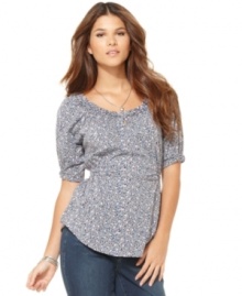 Thoughtful design details, like gathering and delicate ruffles, make DKNY Jeans' petite top as flattering as it is playful with its multicolored bubble print. Thoughtful design details, like gathering and delicate ruffles, make DKNY Jeans' petite top as flattering as it is playful with its multicolored bubble print.