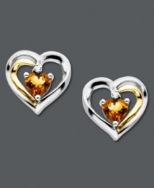 Sweet romance. Petite stud earrings feature heart-shaped citrine (7/8 ct. t.w.) and a diamond accent for extra sparkle. Set in 14k gold and sterling silver. Approximate diameter: 1/2 inch. Sweet romance. Petite stud earrings feature heart-shaped citrine (7/8 ct. t.w.) and a diamond accent for extra sparkle. Set in 14k gold and sterling silver. Approximate diameter: 1/2 inch.