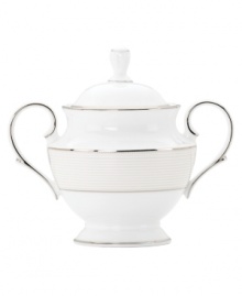 Modern yet timeless, this fine china sugar bowl is sure to satisfy the style-hungry host. From Lenox dinnerware, the dishes from the Opal Innocence Stripe collection are simply dressed in cream and white stripes and finished with a polished platinum trim, creating an ultra-chic setting to enjoy celebratory meals. Qualifies for Rebate Modern yet timeless, this fine china sugar bowl is sure to satisfy the style-hungry host. From Lenox dinnerware, the dishes from the Opal Innocence Stripe collection are simply dressed in cream and white stripes and finished with a polished platinum trim, creating an ultra-chic setting to enjoy celebratory meals. Qualifies for Rebate