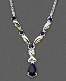 Designed with splendid opulence, this necklace features round- and pear-cut sapphire (1-3/4 ct. t.w.) and diamond accents set in 14k gold and sterling silver. Approximate length: 18 inches. Approximate drop: 1-1/2 inches. Designed with splendid opulence, this necklace features round- and pear-cut sapphire (1-3/4 ct. t.w.) and diamond accents set in 14k gold and sterling silver. Approximate length: 18 inches. Approximate drop: 1-1/2 inches.