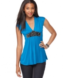 Rhinestones and beads add glam to this Tempted top -- perfect for dressing up denim! Rhinestones and beads add glam to this Tempted top -- perfect for dressing up denim!