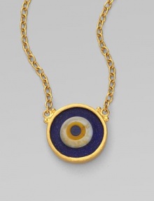 From the Evil Eye Collection. An evil eye of murano glass, richly framed in 24k gold, wards off negativity while looking divine.24k gold Murano glass Adjustable chain length, about 16-18 Diameter, about ½ Pelican clasp Imported From the Evil Eye Collection. An evil eye of murano glass, richly framed in 24k gold, wards off negativity while looking divine.24k gold Murano glass Adjustable chain length, about 16-18 Diameter, about ½ Pelican clasp Imported