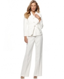 A luxurious texture and self-tie belt put a polished finish on Le Suit's petite pants suit. A luxurious texture and self-tie belt put a polished finish on Le Suit's petite pants suit.
