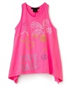 Heart printed tank top with arc hem and rhinestone detail.