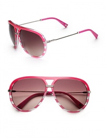 Give glamour a fun, vintage vibe with theses striped acetate frames. Available in fuchsia with lilac mirror gradient lens. Logo temples100% UV protectionMade in Italy Give glamour a fun, vintage vibe with theses striped acetate frames. Available in fuchsia with lilac mirror gradient lens. Logo temples100% UV protectionMade in Italy