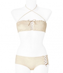 Channel an Amazonian goddess in this ultra-luxe bikini from La Perla - Bandeau-style top with crisscross strap, stitching, lace up front, and back tie detail - Classic brief-style bottoms with lace-up side detailing - Pair with a sheer caftan and wedge heels Channel an Amazonian goddess in this ultra-luxe bikini from La Perla - Bandeau-style top with crisscross strap, stitching, lace up front, and back tie detail - Classic brief-style bottoms with lace-up side detailing - Pair with a sheer caftan and wedge heels