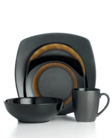 Make casual meals stand out with the distinct modern styling of this Dazzle set of dinnerware. The dishes are a dark, handsome palette of amber and black that pop with reactive glaze, resulting in pieces that are tastefully bold. Sango mixes round and square stoneware for added flair. Make casual meals stand out with the distinct modern styling of this Dazzle set of dinnerware. The dishes are a dark, handsome palette of amber and black that pop with reactive glaze, resulting in pieces that are tastefully bold. Sango mixes round and square stoneware for added flair.
