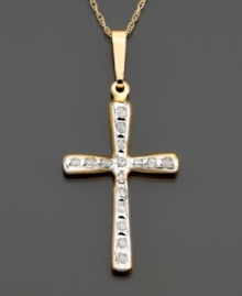 Glimmering diamond accents are paired with 14k gold for an elegant look. Chain measures 18 inches; drop measures 1-1/2 inches. Glimmering diamond accents are paired with 14k gold for an elegant look. Chain measures 18 inches; drop measures 1-1/2 inches.