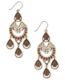 Get the drop on everyone with Lucky Brand's chandelier earrings. This gold-tone mixed metal pair with red plastic beads combines whimsy with sophistication. Approximate drop: 3-1/2 inches.