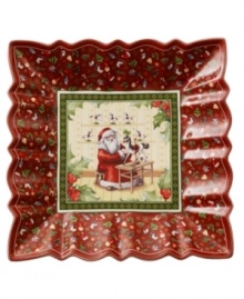 Feel like a kid on Christmas with the square Toy's Fantasy bowl from Villeroy & Boch. Fine porcelain in a playfully ruffled shape features a beautiful illustration of Santa in his workshop, surrounded with intricate patterns and classic toys. Feel like a kid on Christmas with the square Toy's Fantasy bowl from Villeroy & Boch. Fine porcelain in a playfully ruffled shape features a beautiful illustration of Santa in his workshop, surrounded with intricate patterns and classic toys.