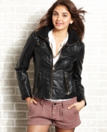 Faux-real: American Rag delivers legit street style with a textured, faux-leather jacket that comes fully loaded with gold-tone zippers and chic quilted design. Faux-real: American Rag delivers legit street style with a textured, faux-leather jacket that comes fully loaded with gold-tone zippers and chic quilted design.