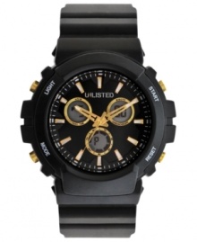 Black and gold accents add sporty cool to this digital watch from Unlisted.