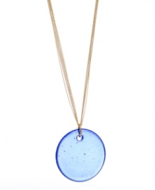 Update your look with this modern style. Kenneth Cole New York's trendy pendant features a shimmery blue glass circle on a long gold-plated mixed metal chain. Approximate length: 30 inches + 3-inch extender. Approximate drop: 2-1/2 inches.