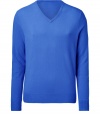 A luxury essential in radiant blue, Ralph Laurens super soft cashmere pullover counts as a multi-season must - V-neckline, long sleeves, fine ribbed trim - Contemporary slim fit - Wear over shirts or tees with jeans, cords or chinos