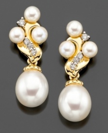 Finish your evening look with the timeless sophistication of sparkling diamonds and pearls. These earrings feature cultured freshwater pearl (9 mm and 4 mm) and round-cut diamonds (1/6 ct. t.w.) set in 14k gold. Approximate drop: 1 inch. Finish your evening look with the timeless sophistication of sparkling diamonds and pearls. These earrings feature cultured freshwater pearl (9 mm and 4 mm) and round-cut diamonds (1/6 ct. t.w.) set in 14k gold. Approximate drop: 1 inch.