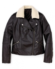 Little girls will love the grown-up look of this faux leather bomber jacket from Aqua, featuring a soft sherpa collar and edgy zip trim. Little girls will love the grown-up look of this faux leather bomber jacket from Aqua, featuring a soft sherpa collar and edgy zip trim.