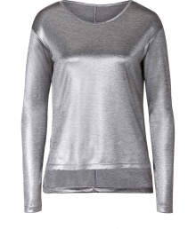 Add instant Downtown-ready cool to any look with this metallic top from J Brand - Round neck, long sleeves, asymmetric high-low hem - Loosely fitted - Style with skinny jeans, a distressed denim vest, and ankle boots