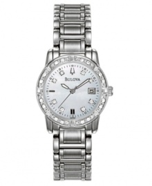 Sparkling diamond accents make this beautiful Bulova watch a perfect choice. Stainless steel bracelet and case. Bezel features 24 diamond accents. White mother-of-pearl dial with logo, date window at 3 o'clock and sparkling diamond accent indexes. Quartz movement. Water resistant to 30 meters. Three-year limited warranty.