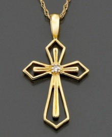 A beautiful take on the classic cross pendant featuring a diamond accent set in intriguing 14k gold openwork. Approximate length: 18 inches. Approximate drop: 3/4 inch. A beautiful take on the classic cross pendant featuring a diamond accent set in intriguing 14k gold openwork. Approximate length: 18 inches. Approximate drop: 3/4 inch.