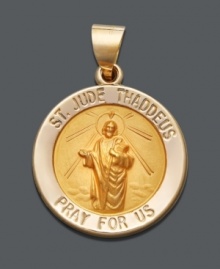 Carry this religious icon with you everywhere you go. Crafted in 14k gold, pendant features Saint Jude with the engravings, St. Jude Thaddeus and Pray For Us. Approximate drop width: 3/4 inch. Approximate drop length: 1 inch. Carry this religious icon with you everywhere you go. Crafted in 14k gold, pendant features Saint Jude with the engravings, St. Jude Thaddeus and Pray For Us. Approximate drop width: 3/4 inch. Approximate drop length: 1 inch.