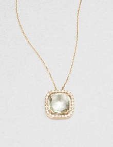 A faceted, cushion-cut green envy topaz stone surrounded by dazzling white sapphires set in 14k gold on a delicate link chain. Green envy topazWhite sapphire14k goldLength, about 16Pendant size, about .3 Spring ring closureMade in USA A faceted, cushion-cut green envy topaz stone surrounded by dazzling white sapphires set in 14k gold on a delicate link chain. Green envy topazWhite sapphire14k goldLength, about 16Pendant size, about .3 Spring ring closureMade in USA
