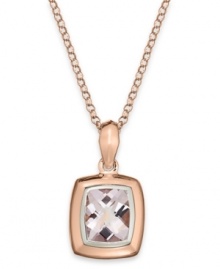 Blushing beauty. This pretty pendant features a cushion shape that highlights a pink amethyst (4-3/4 ct. t.w.) with a 14k rose gold bezel setting and matching chain. Approximate length: 18 inches. Approximate drop: 1/2 inch. Blushing beauty. This pretty pendant features a cushion shape that highlights a pink amethyst (4-3/4 ct. t.w.) with a 14k rose gold bezel setting and matching chain. Approximate length: 18 inches. Approximate drop: 1/2 inch.