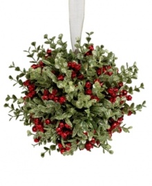 Bring out the romantic side of the holiday season with this beautiful red and green kissing ball. A sparkling finish adds a bit of festive cheer to faux mistletoe and holly. Bring out the romantic side of the holiday season with this beautiful red and green kissing ball. A sparkling finish adds a bit of festive cheer to faux mistletoe and holly.