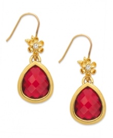 A bouquet beauty. These teardrop earrings from Juicy Couture captivate with floral accents embellished with clear glass stones, sitting atop a faceted ruby-hued glass teardrop. Crafted in 14k gold-plated mixed metal. Approximate drop: 1-1/4 inches. A bouquet beauty. These teardrop earrings from Juicy Couture captivate with floral accents embellished with clear glass stones, sitting atop a faceted ruby-hued glass teardrop. Crafted in 14k gold-plated mixed metal. Approximate drop: 1-1/4 inches.