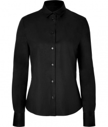 Streamlined staples are perennials in any wardrobe, and Jil Sander Navys elegant and versatile button down blouse will prove a welcome addition this season - Fine, flattering black cotton and stretch blend - Slim, feminine cut tapers through waist - Small collar, full button placket and long cuffed sleeves - Decorative seams and darts at back - Easily transitions from work to weekend, perfect for pairing with everything from suit trousers and pencil skirts to jeans and cords