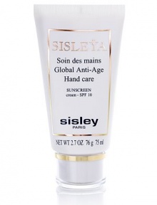 Global anti-age treatment for smoother and softer hands. Designed to prevent age signs on the hands. Made with botanical plant extracts and an anti-UVA-UVB filter complex(SPF 10). Helps to hydrate and nourish the hands, leaving them supple and protected. Lightening and anti-age spot action Firming and anti-aging action Repairing 2.7 oz. Global anti-age treatment for smoother and softer hands. Designed to prevent age signs on the hands. Made with botanical plant extracts and an anti-UVA-UVB filter complex(SPF 10). Helps to hydrate and nourish the hands, leaving them supple and protected. Lightening and anti-age spot action Firming and anti-aging action Repairing 2.7 oz.