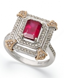 Royal etiquette. This stunning ring combines an emerald-cut ruby (2 ct. t.w.) with two rows of round-cut diamonds (1/2 ct. t.w.). Set in 14k white gold with 14k rose gold corners. Royal etiquette. This stunning ring combines an emerald-cut ruby (2 ct. t.w.) with two rows of round-cut diamonds (1/2 ct. t.w.). Set in 14k white gold with 14k rose gold corners.