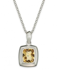 A touch of sunshine. This pretty pendant features a chic cushion shape that highlights a citrine stone (5 ct. t.w.) bezel set in sterling silver with a matching chain. Approximate length: 18 inches. Approximate drop: 1/2 inch. A touch of sunshine. This pretty pendant features a chic cushion shape that highlights a citrine stone (5 ct. t.w.) bezel set in sterling silver with a matching chain. Approximate length: 18 inches. Approximate drop: 1/2 inch.