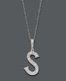 Spell it out in sparkle! This personalized initial charm necklace makes the perfect gift for Sarah or Stephanie. Features sparkling, round-cut diamond accents. Setting and chain crafted in 14k white gold. Approximate length: 18 inches. Approximate drop: 1/2 inch. Spell it out in sparkle! This personalized initial charm necklace makes the perfect gift for Sarah or Stephanie. Features sparkling, round-cut diamond accents. Setting and chain crafted in 14k white gold. Approximate length: 18 inches. Approximate drop: 1/2 inch.