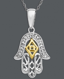 Intricate style and a touch of good luck. This symbolic hamsa pendant features a filigree and cut-out design accented by sparkling diamonds. Crafted in sterling silver with 14k gold accents. Approximate length: 18 inches. Approximate drop: 7/8 inch. Intricate style and a touch of good luck. This symbolic hamsa pendant features a filigree and cut-out design accented by sparkling diamonds. Crafted in sterling silver with 14k gold accents. Approximate length: 18 inches. Approximate drop: 7/8 inch.