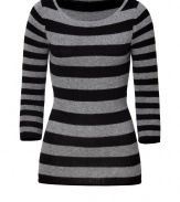 Update your cold weather look with this ultra-chic striped cashmere pullover from Dear Cashmere - Round neck, three-quarter sleeves, slim fit, long body - Pair with skinny jeans, embellished ballet flats, and a sleek parka