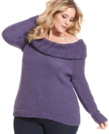 Show off a hint of skin with DKNY Jeans' plus size sweater, featuring an off-the-shoulder design.