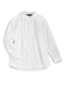 A ruffled bib, collar and cuffs infuse this button front design with lots of natural charm.Ruffle stand collar Button front Ruffled bib front Long sleeves with button ruffle cuffs Whale logo embroidery at hem Shirttail hem 98% cotton/2% spandex Machine wash ImportedPlease note: Number of buttons may vary depending on size ordered. A ruffled bib, collar and cuffs infuse this button front design with lots of natural charm.Ruffle stand collar Button front Ruffled bib front Long sleeves with button ruffle cuffs Whale logo embroidery at hem Shirttail hem 98% cotton/2% spandex Machine wash ImportedPlease note: Number of buttons may vary depending on size ordered.