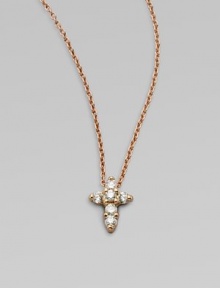 A petite cross that sparkles with diamonds in 18k rose gold on a chain link necklace. Diamonds, .11 tcw18k goldLength, about 16 to 18 adjustablePendant size, about ¼ Lobster clasp closureMade in Italy A petite cross that sparkles with diamonds in 18k rose gold on a chain link necklace. Diamonds, .11 tcw18k goldLength, about 16 to 18 adjustablePendant size, about ¼ Lobster clasp closureMade in Italy