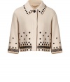 Inject an edge of modern elegance into your outfit with Moschinos ultra contemporary dot studded cropped jacket - Embellished collar, 3/4 sleeves, hidden front snaps - Cropped, tailored silhouette - Wear with tailored sheath dresses and ladylike peep-toes