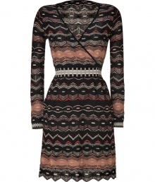 Add a playful punch to you chic workweek look with Missoni Ms tonal black and nougat wrap dress, a contemporary take on the brands iconic look - Wrapped V-neckline, long sleeves, zigzag hemline, contrast patterning at waistline and cuffs, pull-over style - Fitted - Wear with flats and an oversized carryall tote for work, or dress up for cocktails with a fur coat and heels