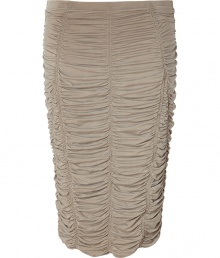 Luxe skirt in fine, pale khaki cupro blend - Especially comfortable and flattering, thanks to a generous amount of stretch - Elegant, all-over ruching and decorative seams - Slip-on style with slim, elasticated waist - Curve-hugging pencil cut hits at knee - Sexy and sophisticated, easily goes from work to play - Pair with a blazer and button down blouse or a silk tank and cropped leather jacket Luxe skirt in fine, pale khaki cupro blend - Especially comfortable and flattering, thanks to a generous amount of stretch - Elegant, all-over ruching and decorative seams - Slip-on style with slim, elasticated waist - Curve-hugging pencil cut hits at knee - Sexy and sophisticated, easily goes from work to play - Pair with a blazer and button down blouse or a silk tank and cropped leather jacket